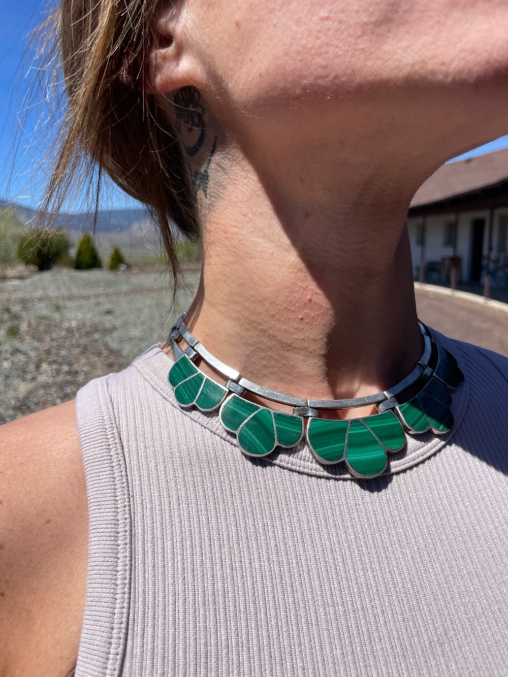 Vintage sterling silver heavy mexico malachite 925 necklace - Picture 4 of 12